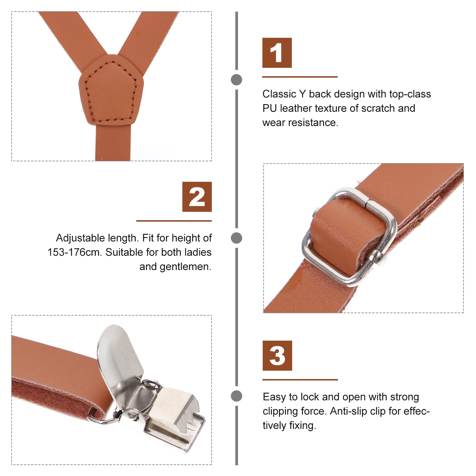 

Adjustable Suspenders Brown Classic Y Back PU Anti Slip Clip Stylish Pants Accessory For Women Men Fit Height 153cm