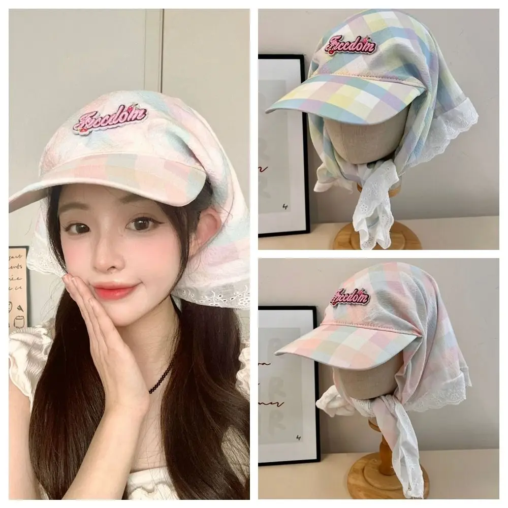 

Vintage Korean Style Plaid Baseball Cap Embroidery Cotton Strappy Bandana Hat Sun Hat Hair Band Letter Headscarf Hat Vacation