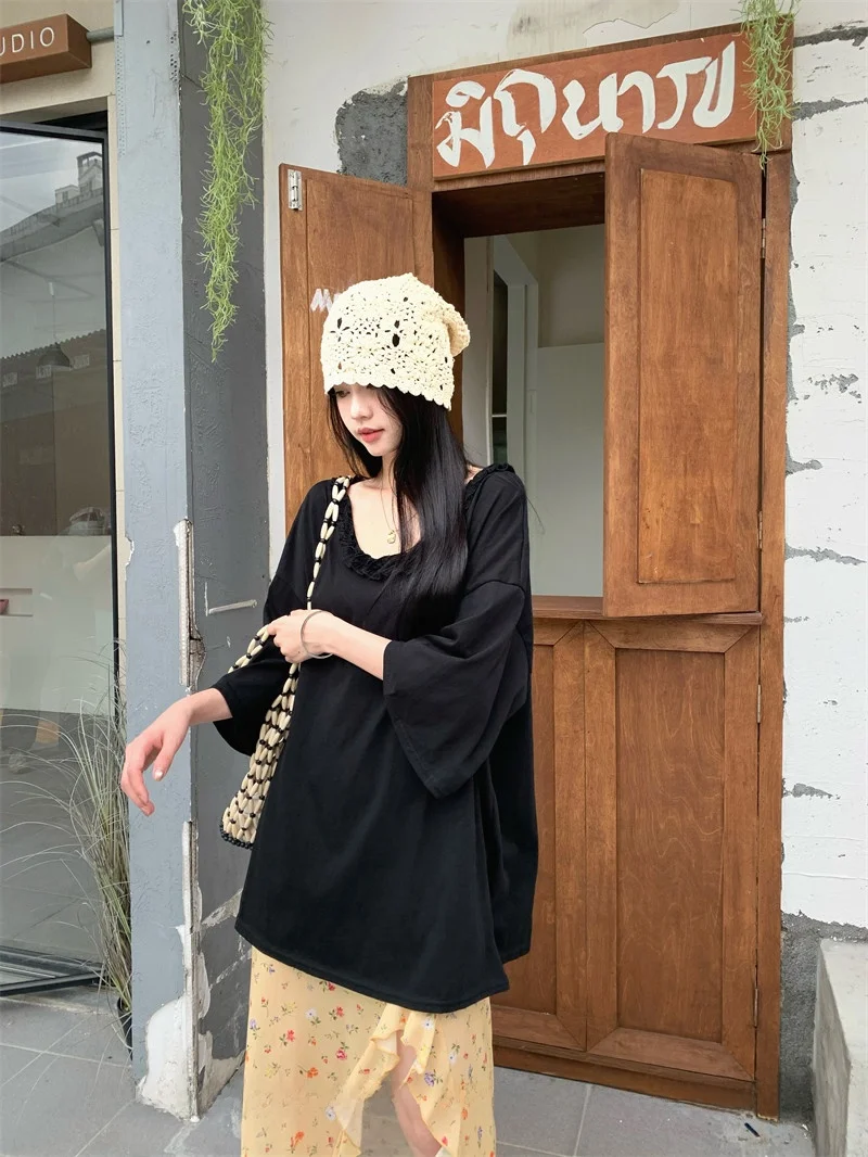 

Удобная свободная футболка с V-образным вырезом и юбкой Me, комплект f-длины с асимметричной кружевной отделкой Lazy Sle Faionable, женский ансамбль