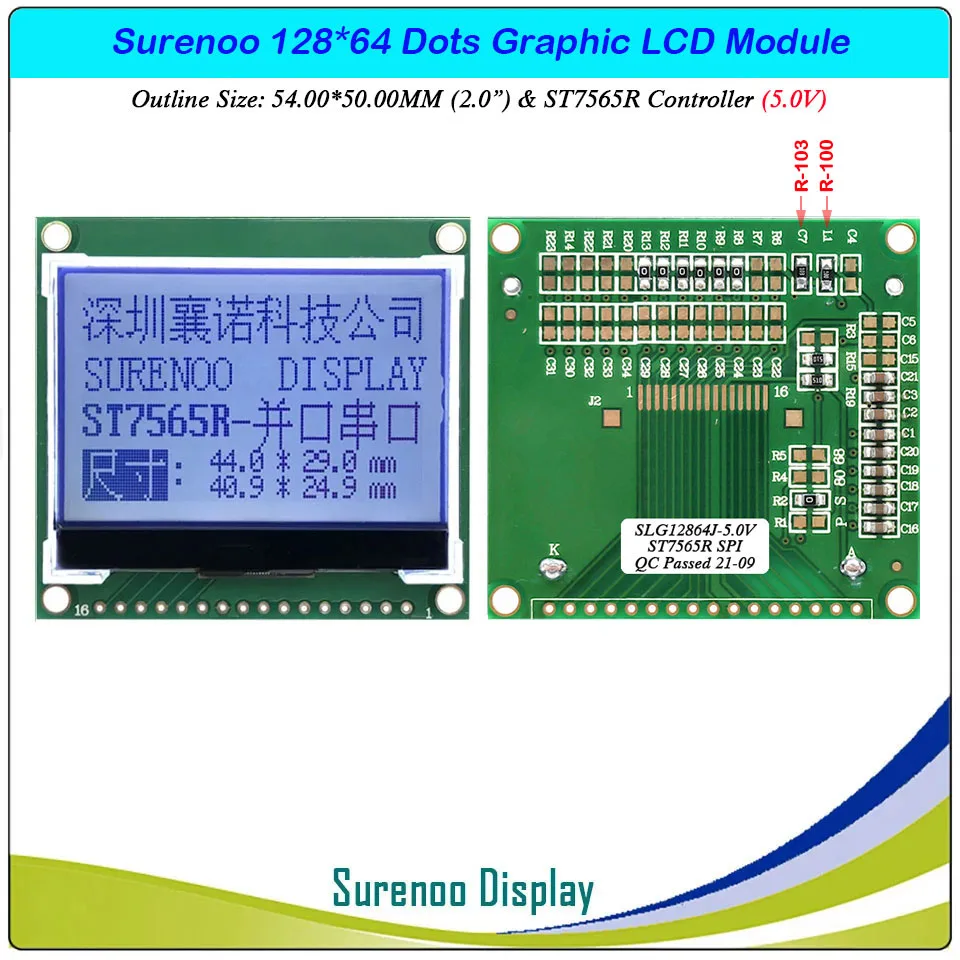 Surenoo 2.0 "54X50MM 12864 128X64 COG Grafische LCD Module Scherm LCM Ingebouwde ST7565P/R Ondersteuning Parallel / Seriële SPI