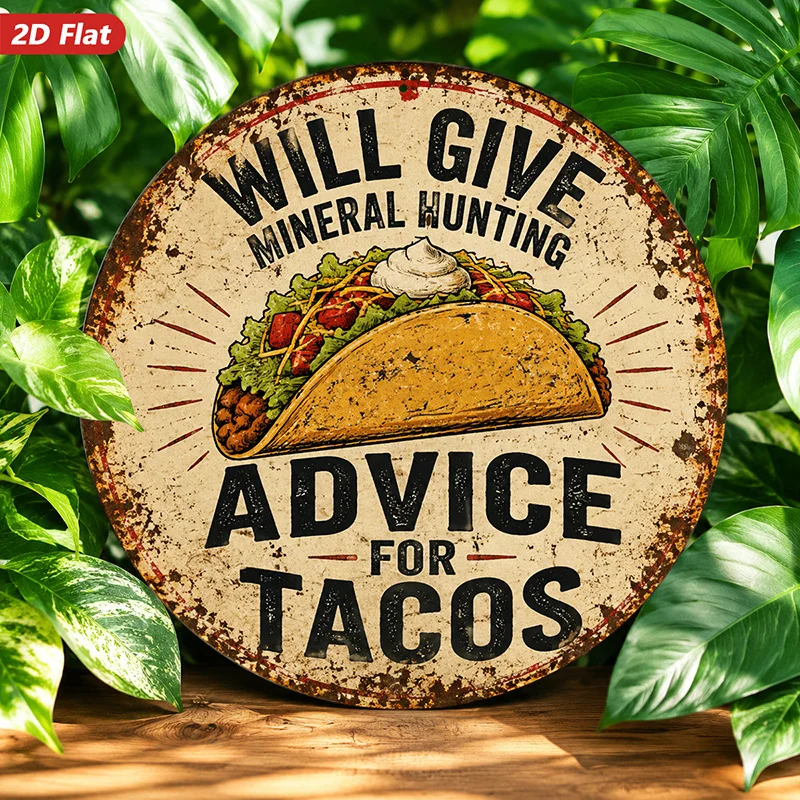 2D Flat, 1pc Taco Humor Round Metal Sign Wall Art, Perfect for Workspace Kitchen Garden, Will Give Mineral Hunting Advice, Vinta