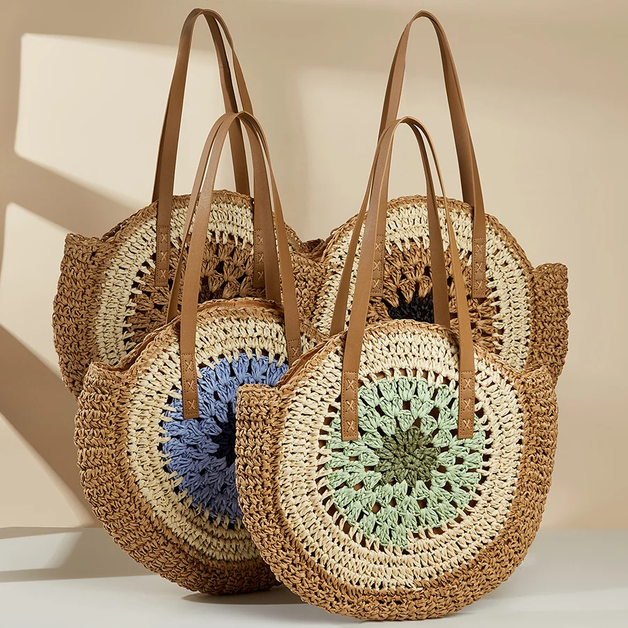 Summer Raffia Circle Rattan Weaving Shoulder Bag Round Handmade Woven Handbag Women's Large Hollow Totes Fashion Straw Beach Bag