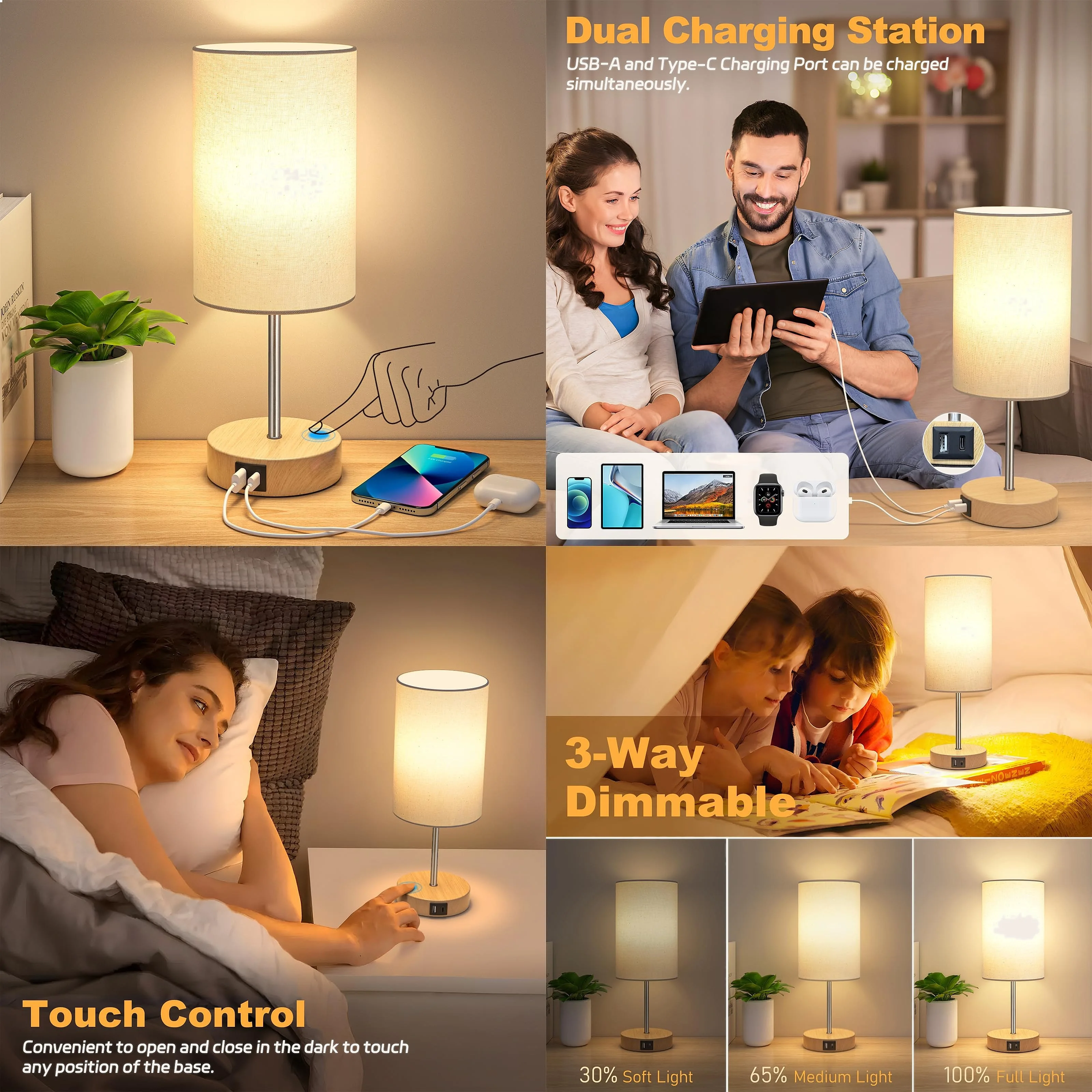3-Way Touch Dimmable Bedside Lamp with Dual USB Charging Station for Bedroom