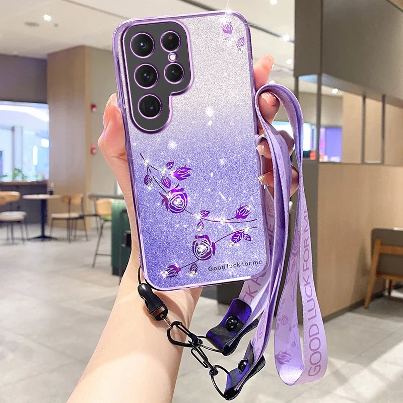 

Eternal Flower Bling Crossbody Diamond Gradient Phone Case for Samsung Galaxy S24 S23 FE S25 Ultra S22 S21 plus Shockproof Cover