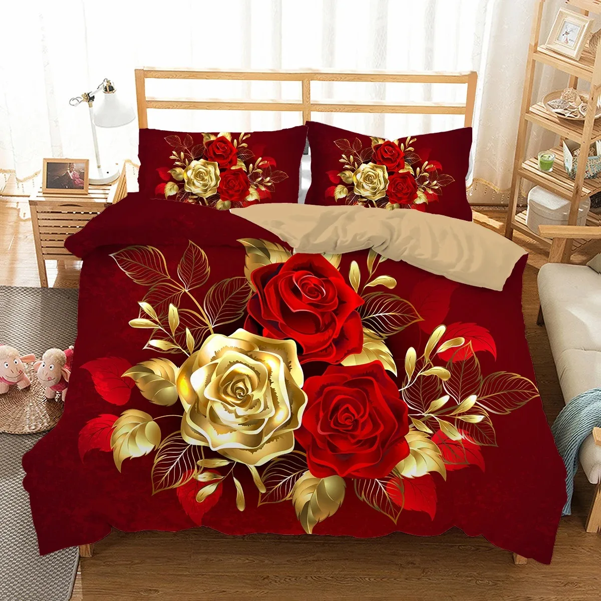 

3D Shiny Red Golden Rose Flowers Duvet Cover Set with Pillowcase Valentine's Day Luxury Bedding Set Bedroom Dorm Decor Bed Sets