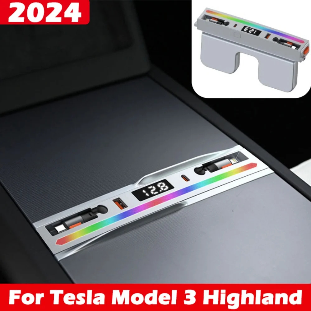 USB Hub Docking Station for Tesla Model 3 Highland 2024,Center Console organizer Charging Hub with Atmosphere lights Accessories