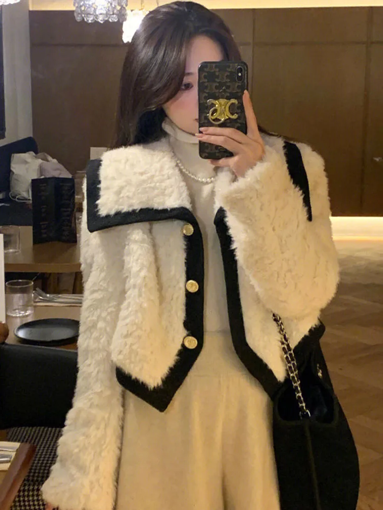 

Vintage Preppy Imitation Lamb Fur Crop Jacket Women Autumn Winter New Chic Peter Pan Collar Coat Korean Fashion Sweet Female Top