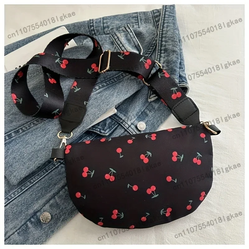 1pc Women'S Crossbody Bag, Lightweight, Versatile and Stylish, White/Black/Pink, Cherry Print, with Zipper Closure and Adjustabl