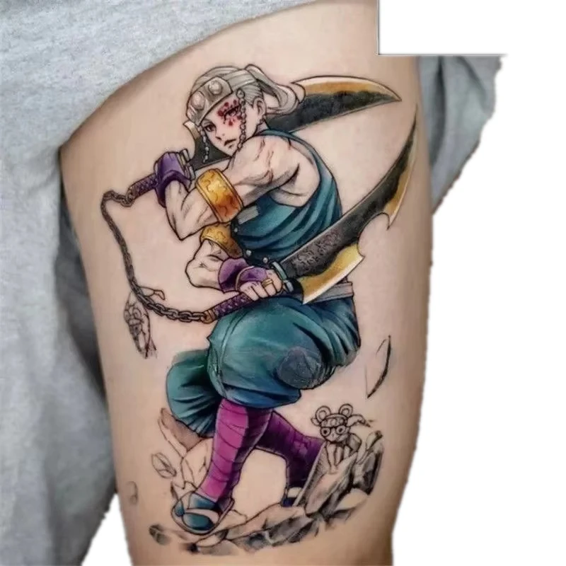 Kimetsu No Yaiba Anime Uzui Tengen Tato Sementara Kartun Tato Lengan Seni Tubuh Tahan Air Stiker Tato Palsu untuk Wanita Pria
