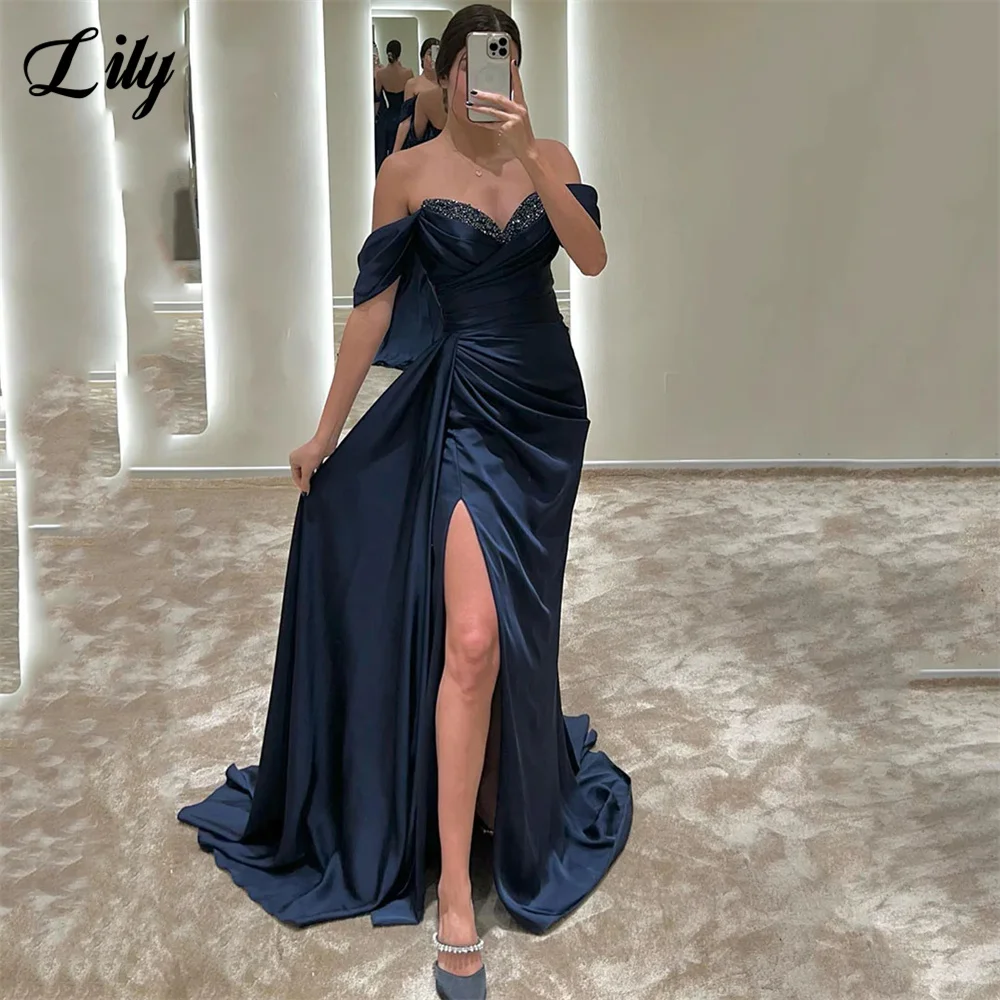 Lily Teal Stain Prom Dresses Sequined V Neck Evening Dresses Off the Shoulder Zipper Back Party Dress Pleat Side Split 프롬드레스