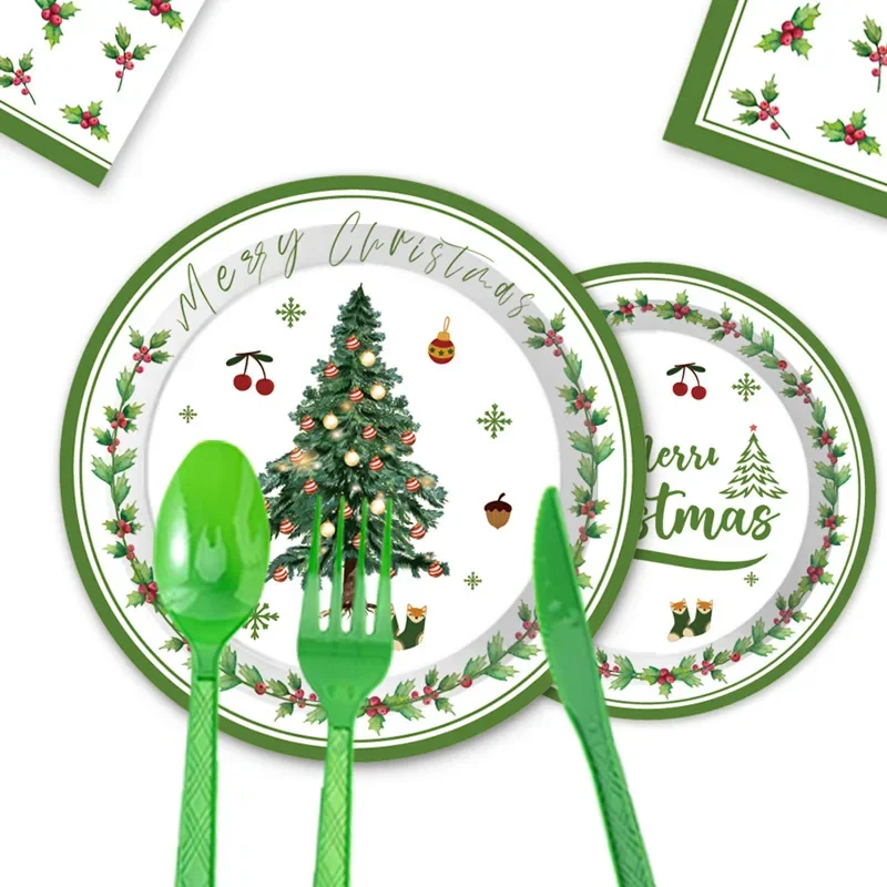 8Guests Christmas Disposable Tableware Christmas Tree Plate Napkins Merry Christmas Decor Navidad Happy New Year  2025 Supplies