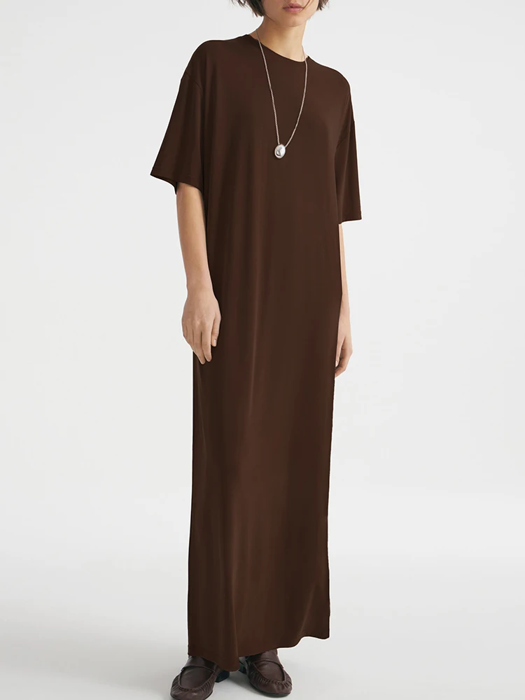 

Hiloc Simple Style Brown Round Neck Half Sleeve Nightgown Loose Fitted Knitted Solid Color Night Dress Summer Elastic Sleepdress