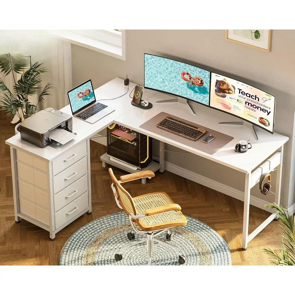 

61" L Shaped Desk with 4 Tier Drawers, Power Outlets, Computer Desk with USB Charging Port and Host Stand, Home Office Desk