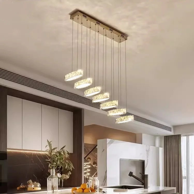 

Modern simple long crystal chandelier light luxury restaurant chandelier dining room table light front desk bar