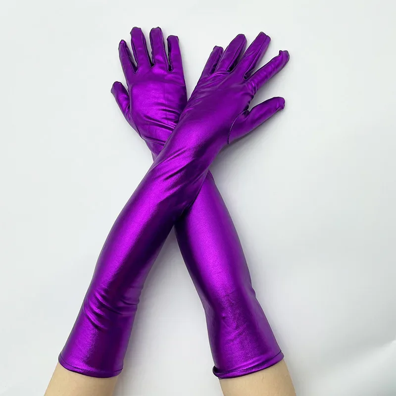 Gold Silver Wet Look Fake Leather Metallic Gloves Evening Party Performance Mittens Women Sexy Elbow Length Long Latex Gloves