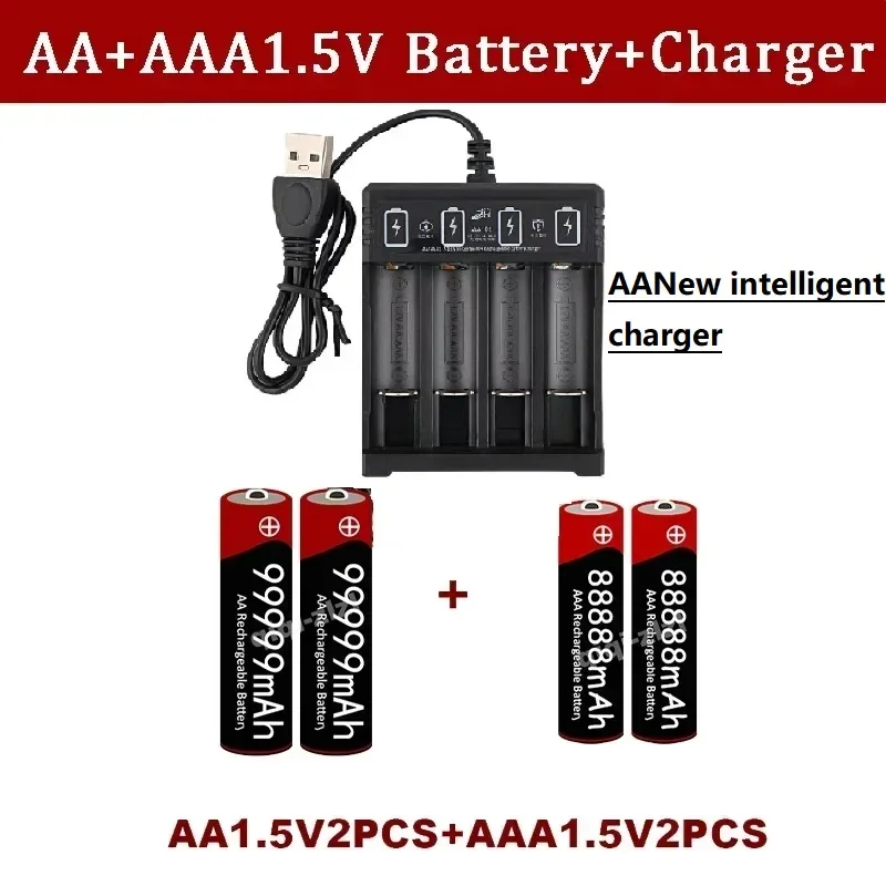 NeW Brand 1.5V AA High Capacity 99999 MAh+1.5V AAA88888  Alkaline 1.5V Clock Toy Camera Battery Rechargeable Battery+USBcharger