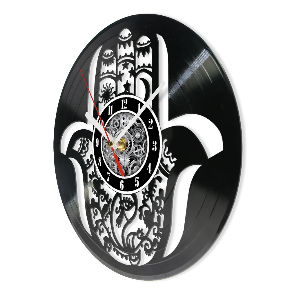 Hamsa Hand Vinyl Record Wall Clock Yoga Zen Artwork Hand of Fatima Meditation Home Decor Clock Wall Watch Baptism Spiritual Gift