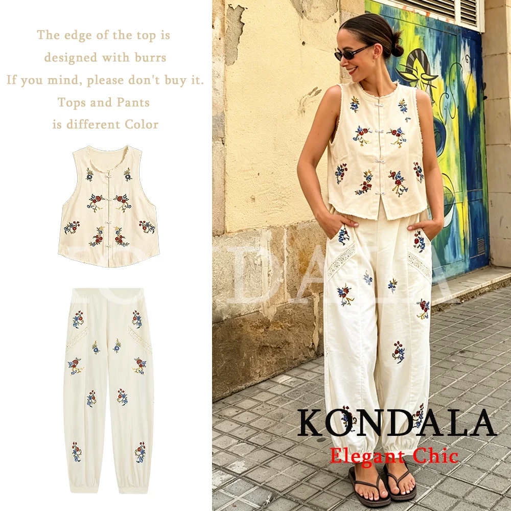 KONDALA Women Luxury Chic Embroidered Pants Set 2026 Summer Trendy Holiday Leisure Set Sleeveless Vest, Elastic Waist Bloomers