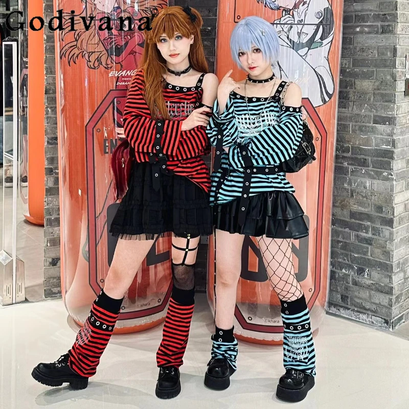 

Autumn Fashion Subculture 2000s Hot Girl Punk Red Blue Striped T-Shirt Women Loose Off-Shoulder Embroidered Y2k Long Sleeve Top