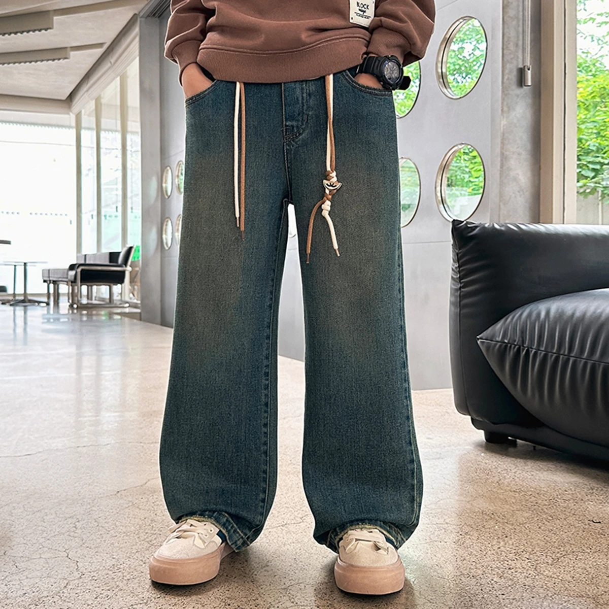 Teen Trendy Boys Loose Fit Denim Jeans Casual Ripped Kids Long Trousers Korean Style Cotton Blend for Autumn Spring