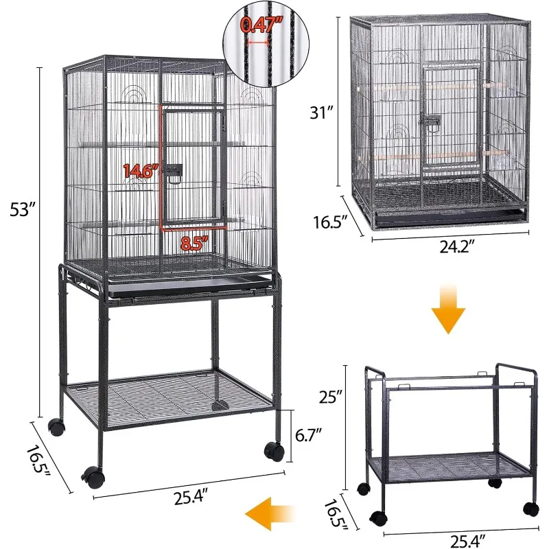 53 Inch Wrought Iron Large Bird Flight Cage with Rolling Stand for African Grey Parrot Cockatiel Sun Parakeet Conure Lovebird