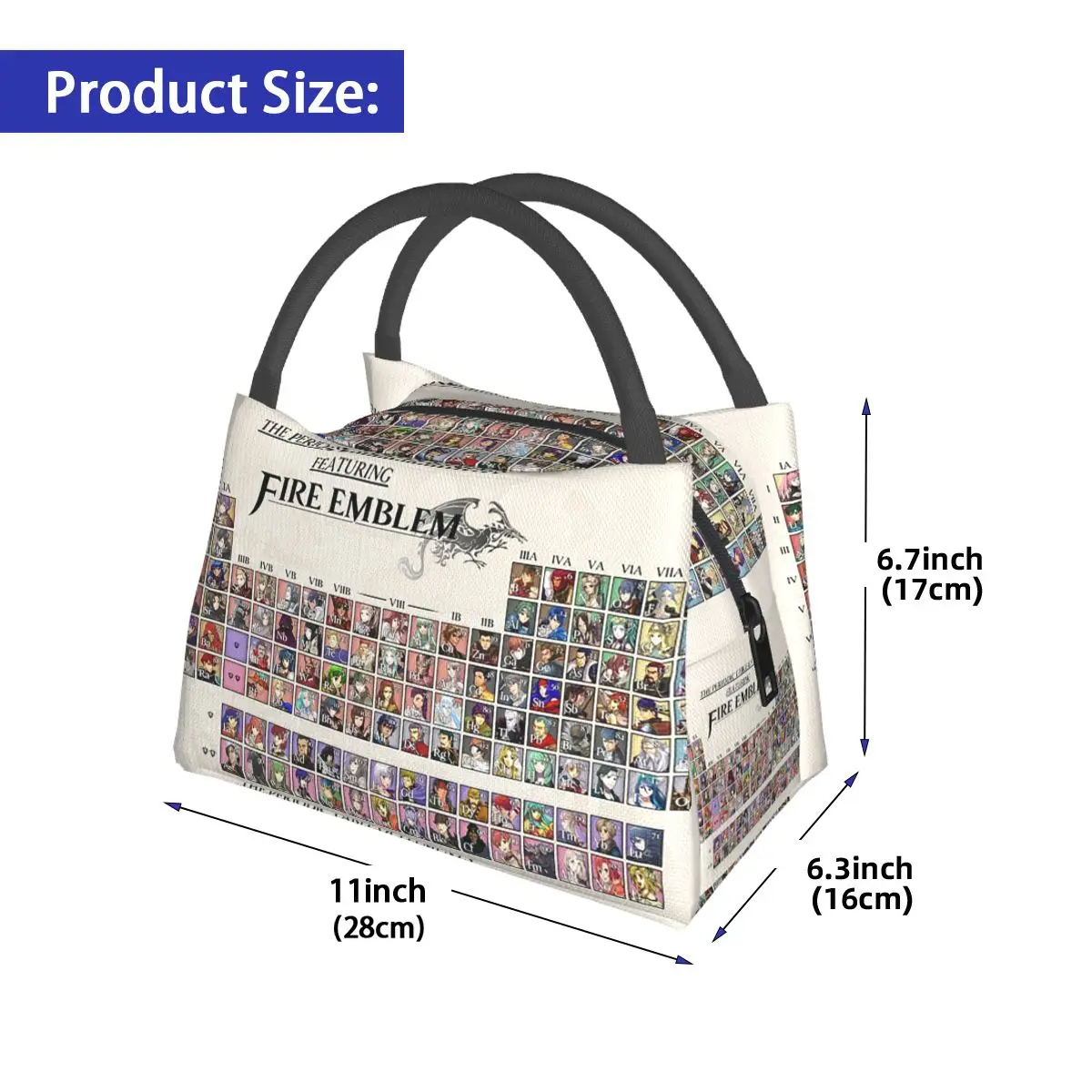 Periodic Table Fire Emblem Insulated Lunch Bag for Women Children Leakproof Food Boxes Thermal Lunch Box Tote