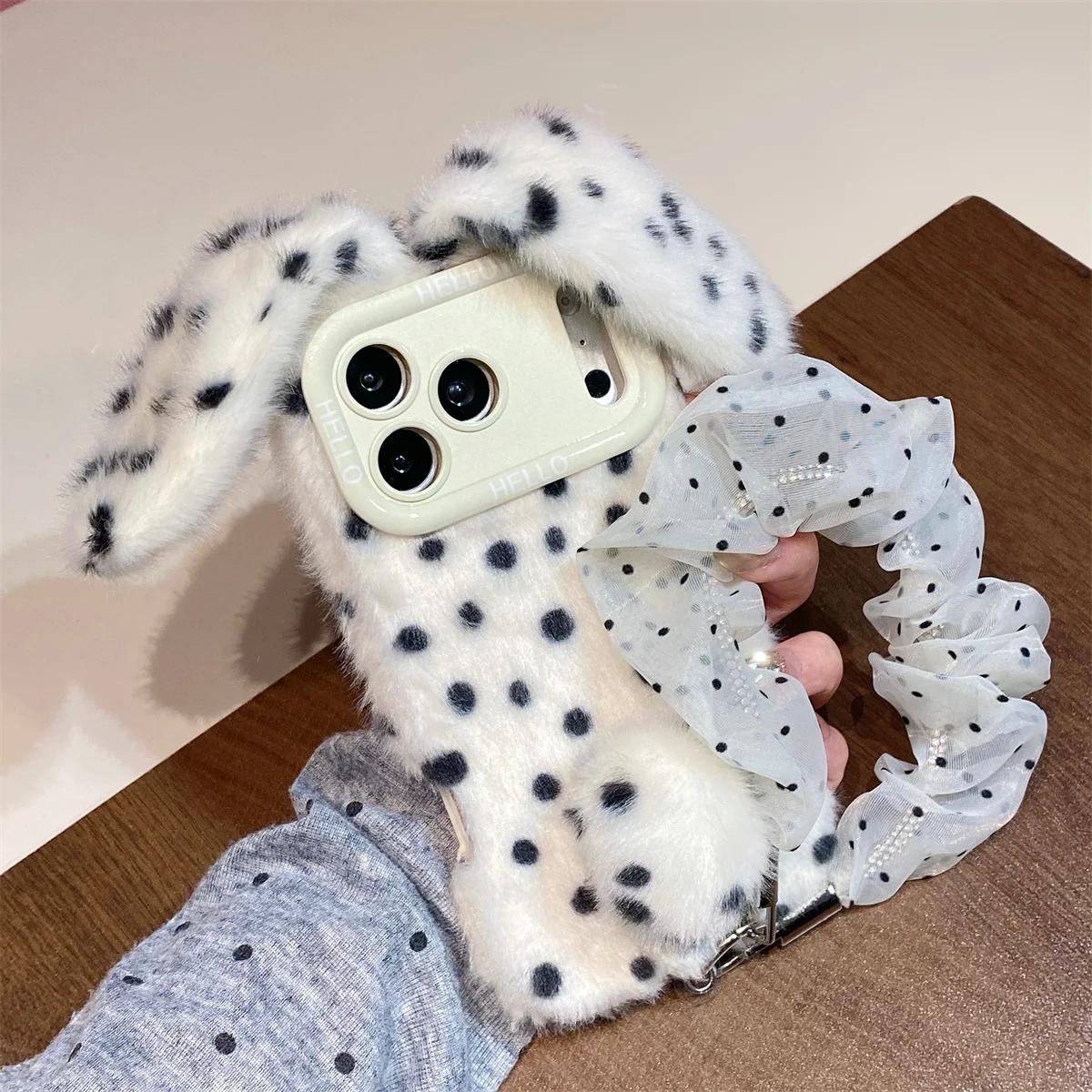 Scarf Hand Chain Long Ear Rabbit Plush Case for iPhone 18 Pro Max/17/16/15/14/13/12/11 Cute Dots Bunny Fluffy Cover