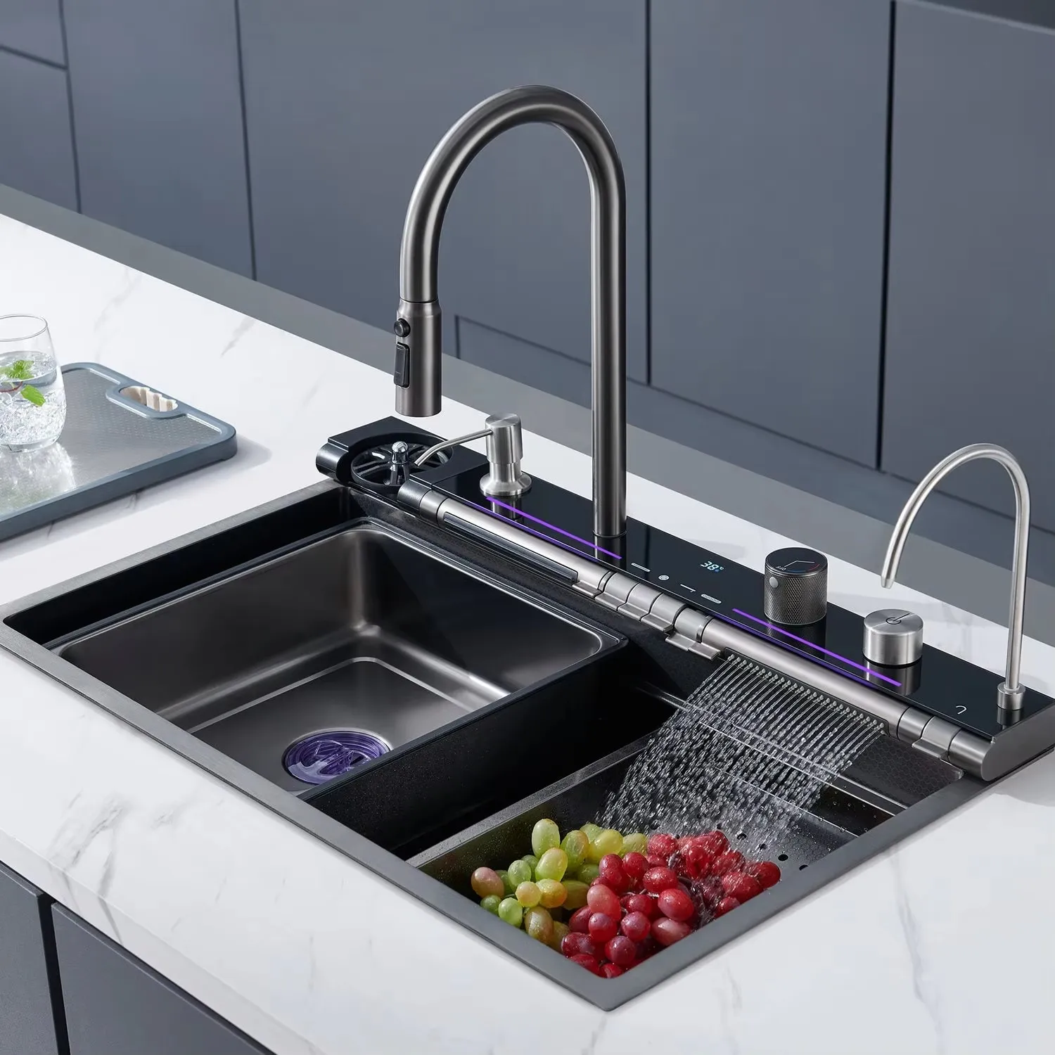 Stainless steel luxury kitchen sink with single bowl nano surface treatment option equipped with faucet