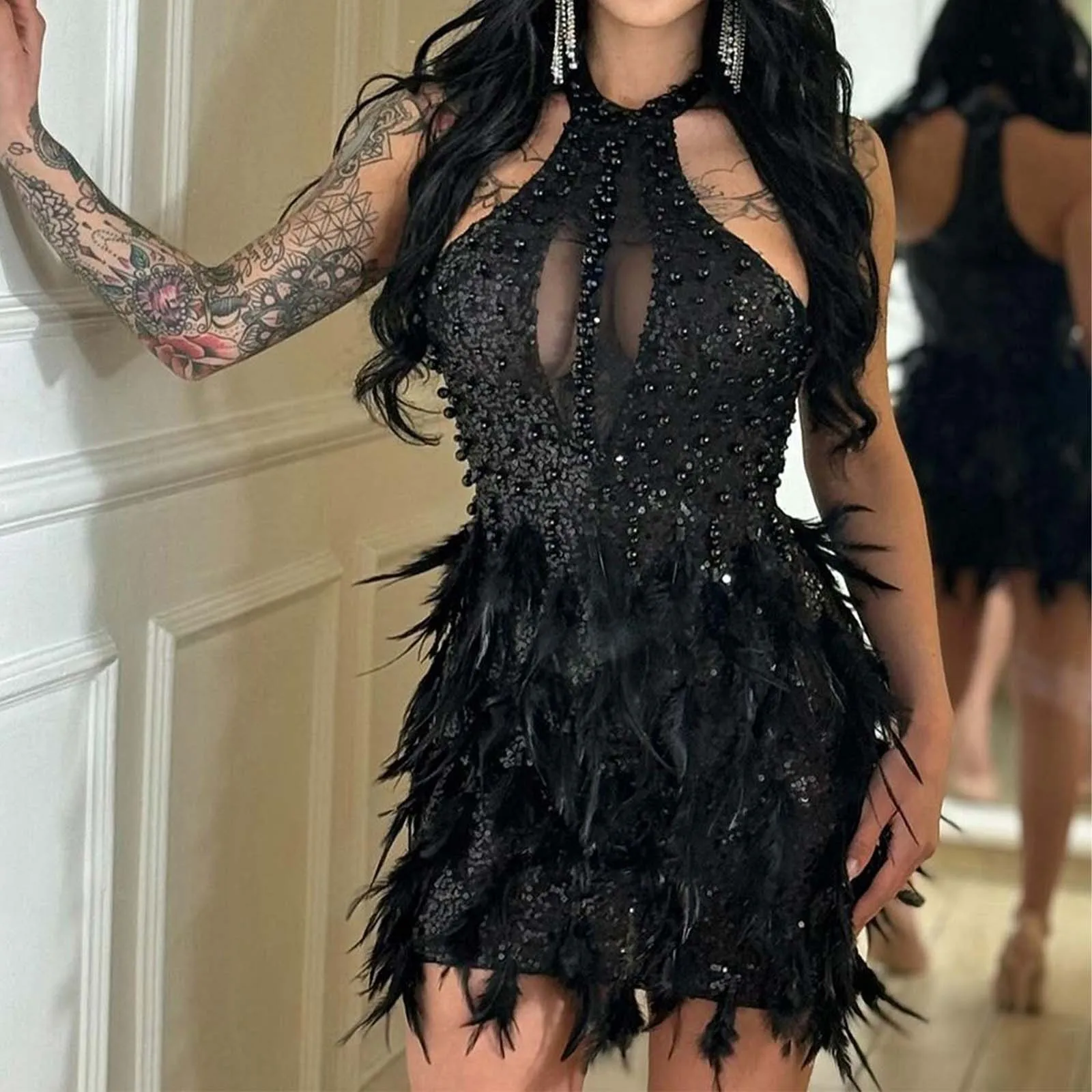 Minivestido ajustado de malla con cuello redondo para mujer, sin mangas, con plumas y lentejuelas, Sexy, para fiesta de noche y vacaciones, 2024