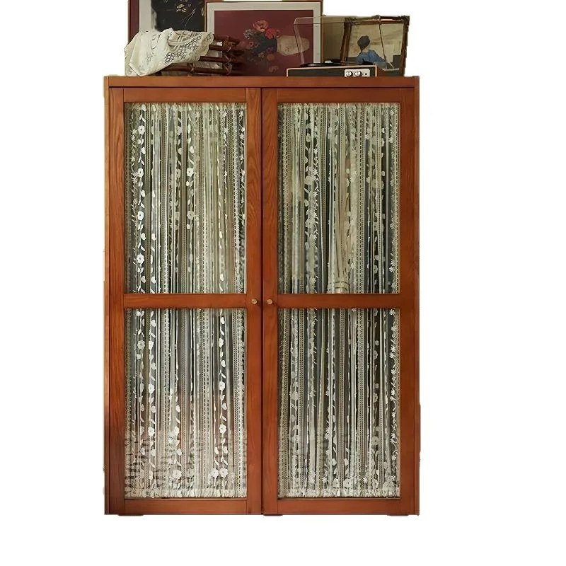 wood ash wood wardrobe double door gauze curtain glass cabinet hanging clothes storage large wardrobe combination