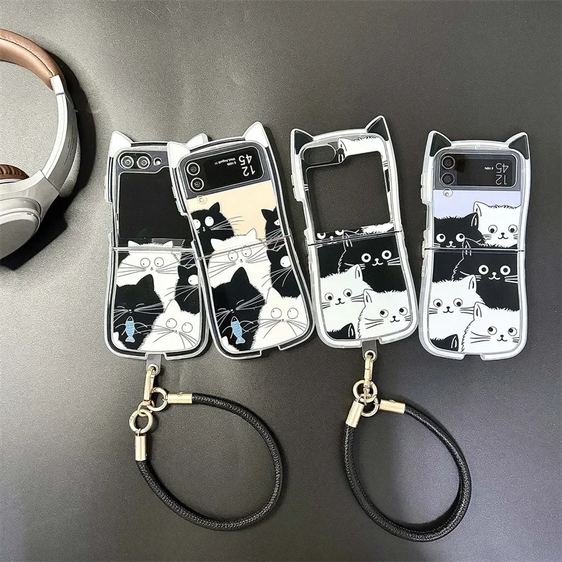 Cute Ears Black White Cat Phone Case for Samsung Galaxy ZFlip3 ZFlip4 ZFlip5 ZFlip6 Hard PC Back Cover for Z Flip 6 Case Shell