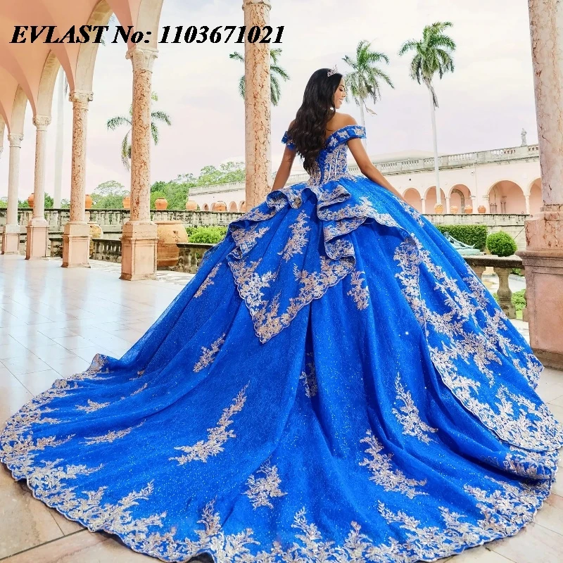 EVLAST индивидуальное королевское синее платье Quinceanera с открытыми плечами, золотой кружевной корсет с аппликацией и бисером, милое платье для