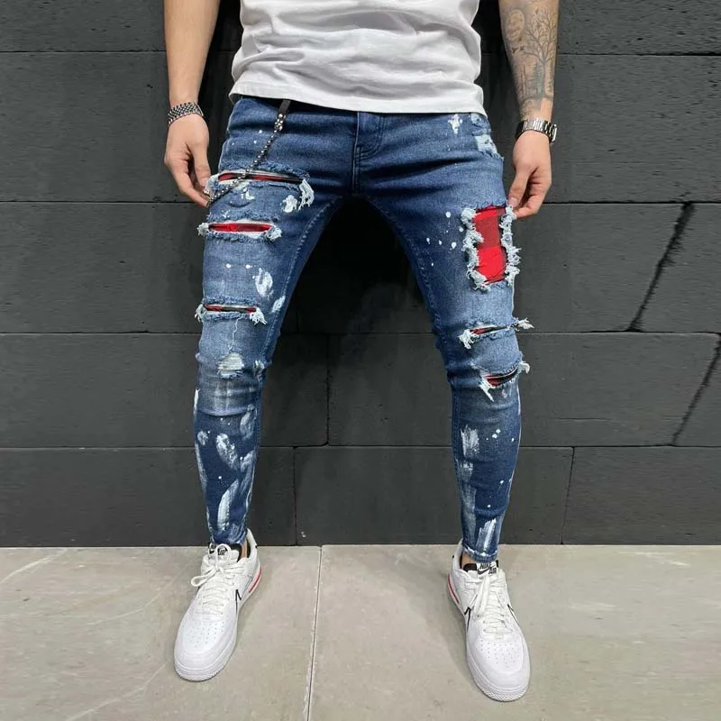 Mens Distressed Pleated Knee Patch Painted Stretch Skinny Jeans Ripped Denim Pants Brand Hip Hop Black Casual Trousers for men