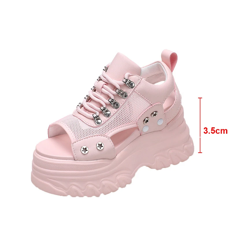 Zapatillas deportivas transpirables de malla con plataforma plana para mujer, sandalias de gladiador con cordones y cuña hueca para verano, zapatos de suela gruesa para mujer