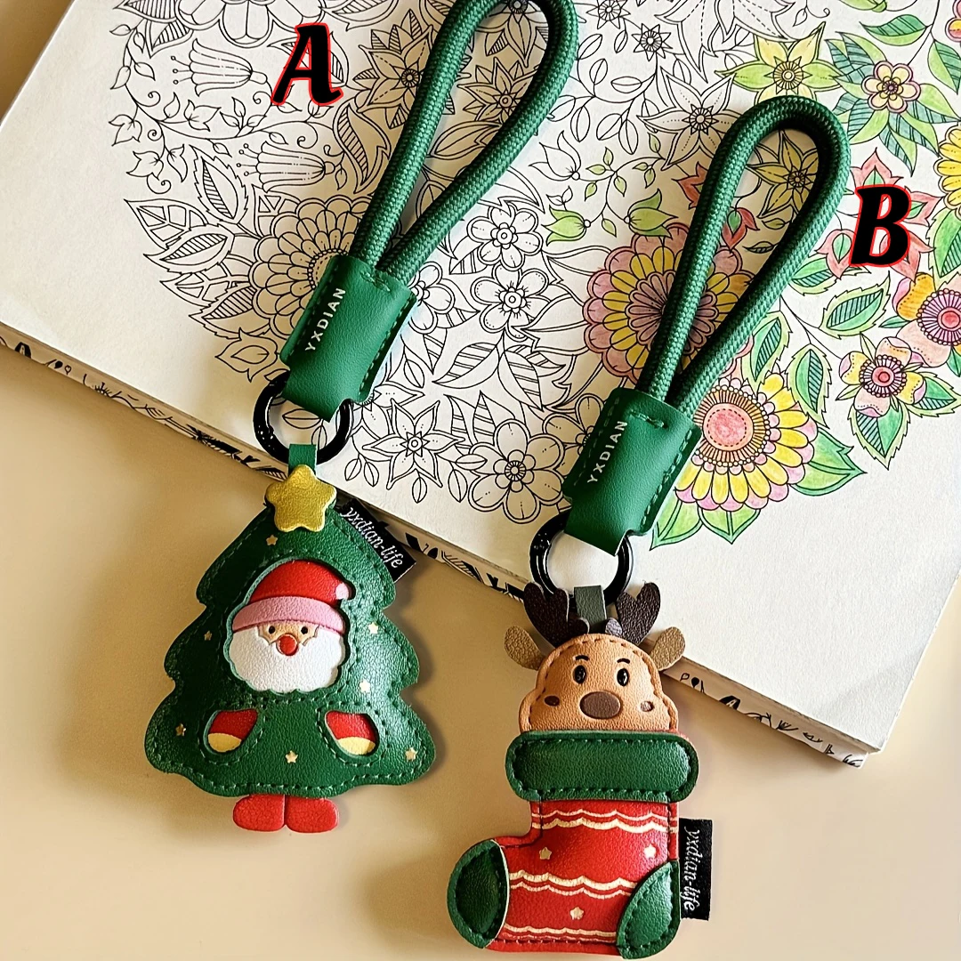 سلسلة مفاتيح عيد الميلاد بحزام أخضر - سحر سانتا أو الغزلان من البولي يوريثان للحقيبة ومفاتيح السيارة - إكسسوار احتفالي متين وهدية العيد