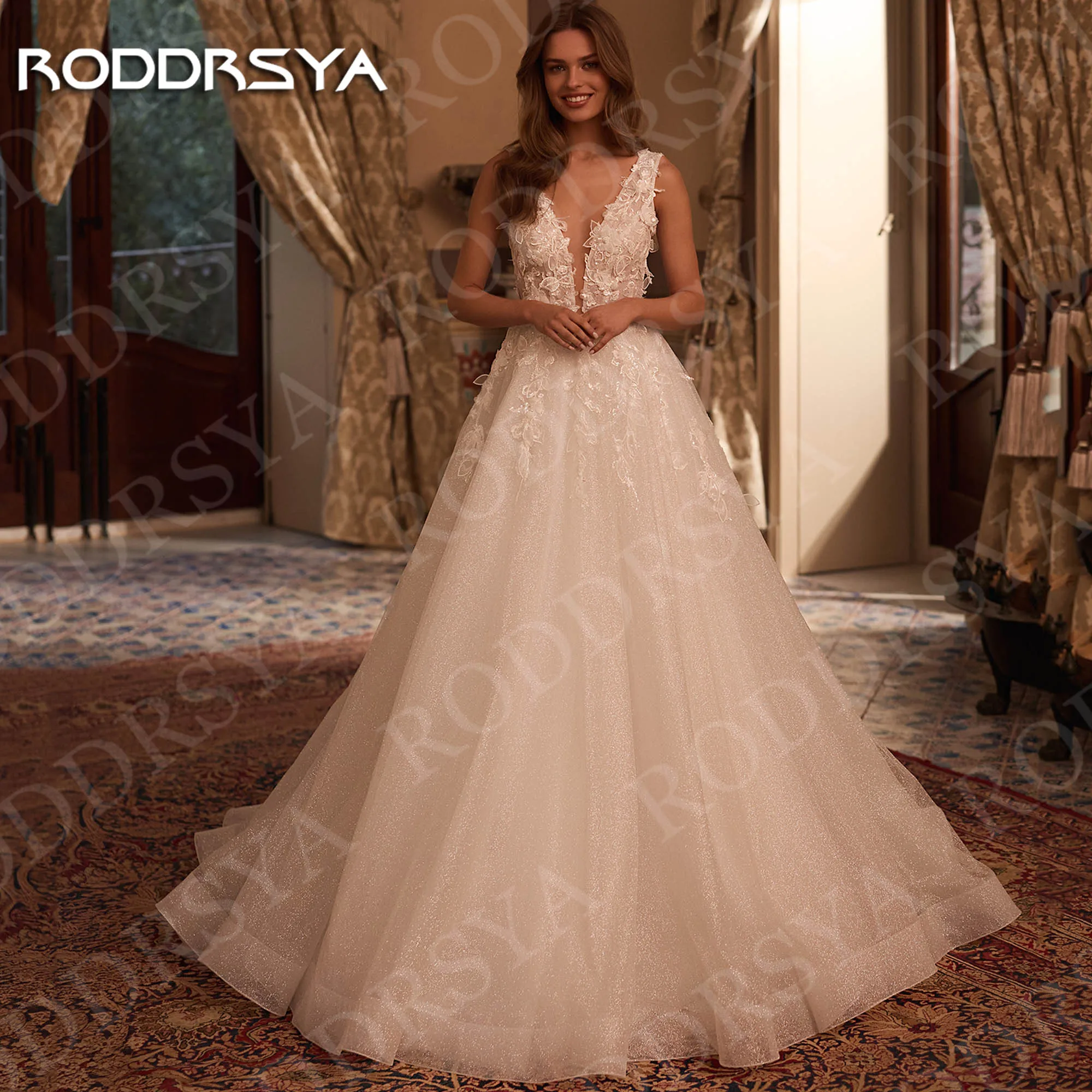 

RODDRSYA Romantic Wedding Dresses Glitter Tulle Open Back Elegant A Line Bride Gown V Neck Customized vestidos de novias de boda