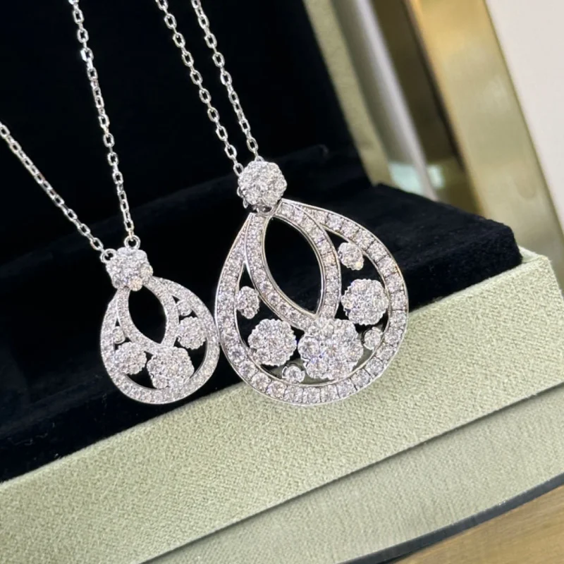 S925 sterling silver inlaid snow hollow flower cluster water drop necklace light luxury full of diamonds