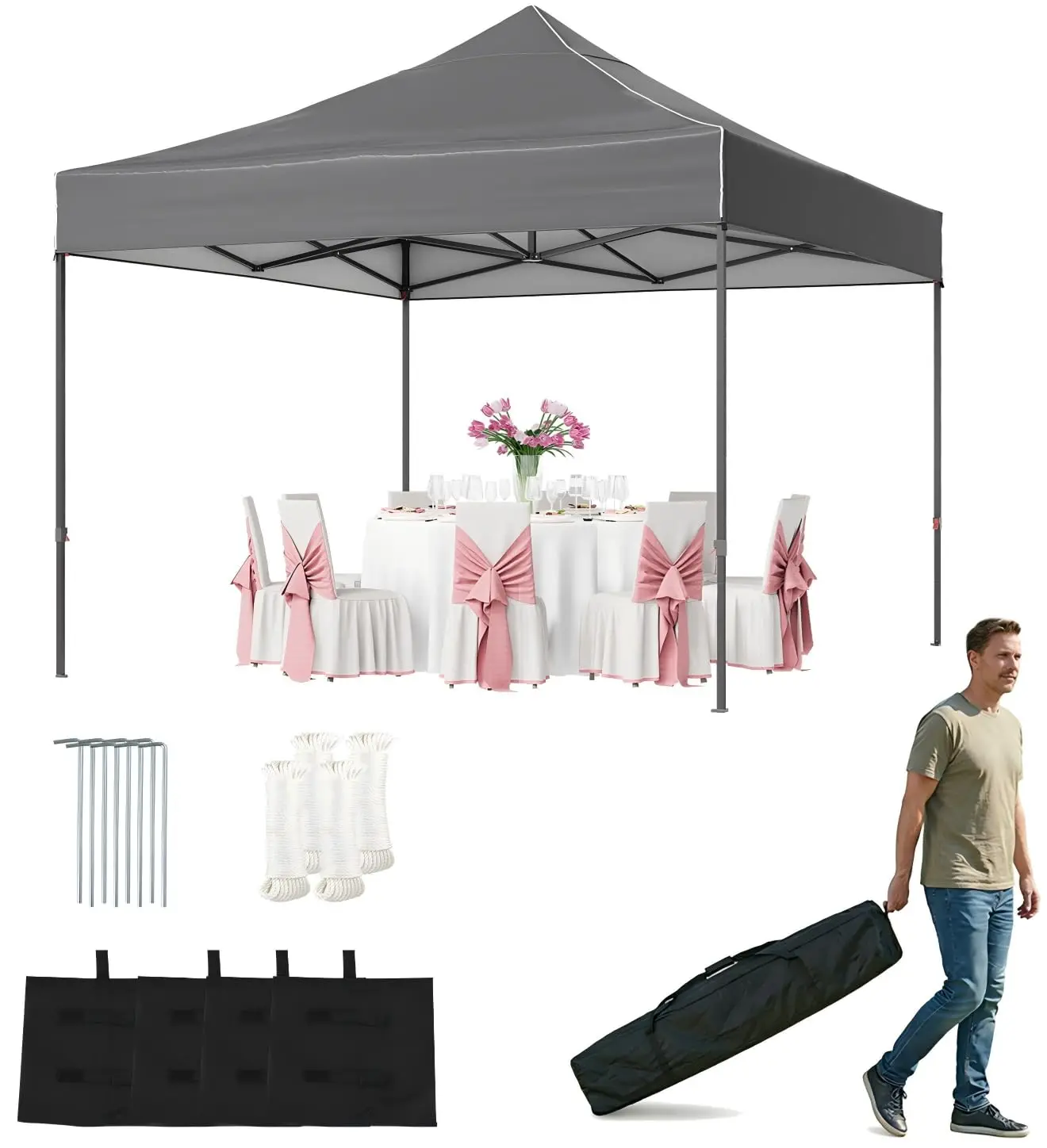 10x10 Pop Up Canopy, Outdoor Canopy with Carry Bag, Portable Instant Canopy Tent with 4 Sandbags and 8 Stakes for
