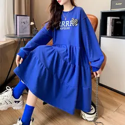 Autumn Winter Loose Printing Solid Color Long Sleeve Tshirt Dress Femme Casual Korean Pleated Bright Line Decoration Midi Dress