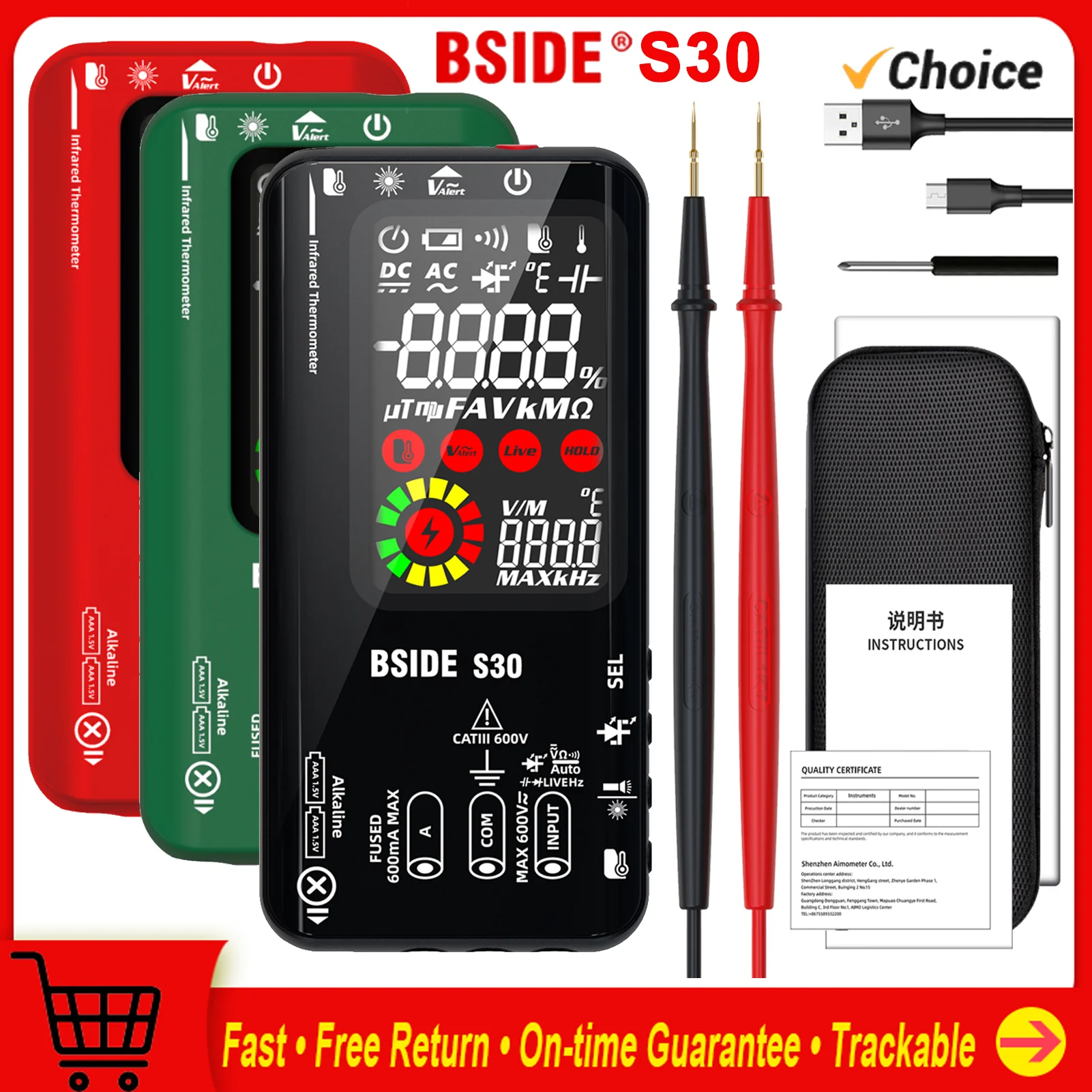 BSIDE S30 4 in1 multimetr cyfrowy termometr na podczerwień elektryczny analizator obwodu testowego detektor multimetr True RMS 9999 napięcia