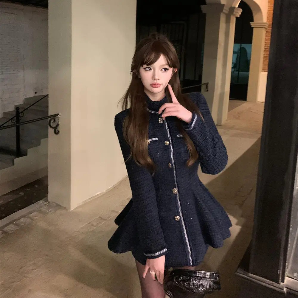 

Korea Two-Piece Set Women Autumn Winter Popular Small Style Single-Breasted Tweed Long-Sleeved Jacket And Shorts Suit