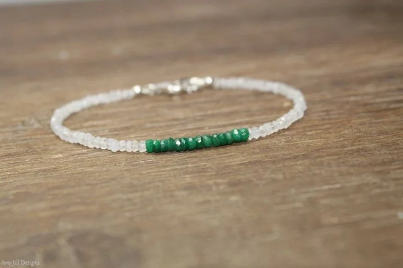 Emerald & Moonstone Bracelet, Beaded, Stacking, Emerald Jewelry, Gemstone Bracelet, May Birthstone