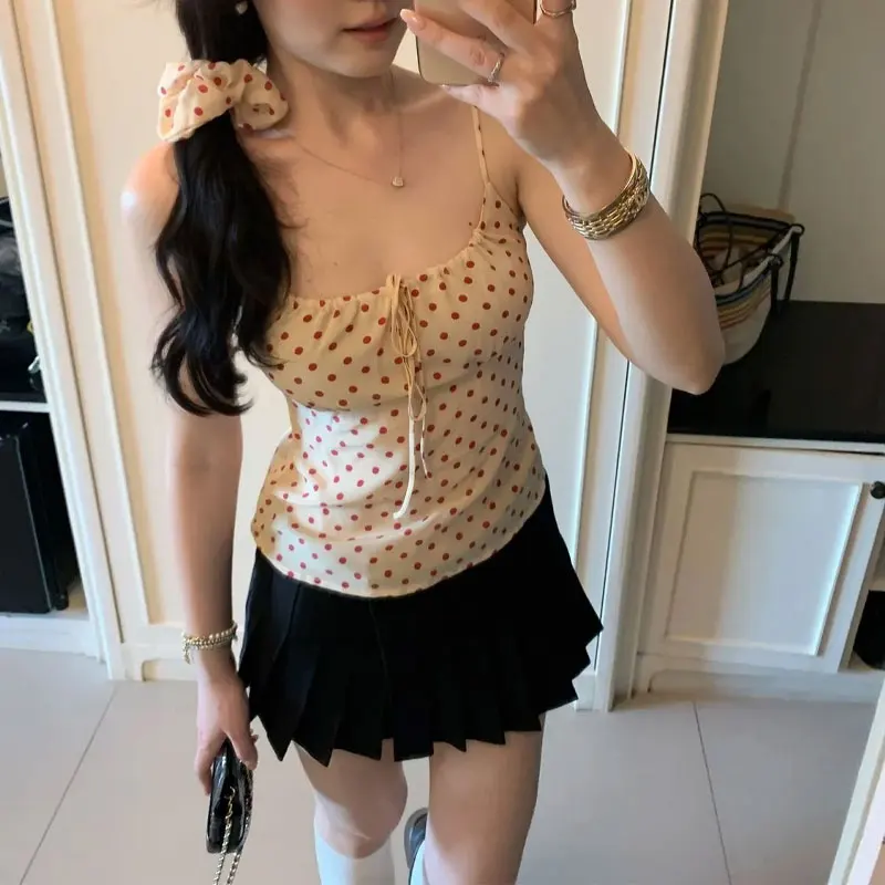 

Hotsweet French Style Drawstring Polka Dot Tanks Female Clothing Stylish Bow Tees Summer New Waist Slim Basic Folds Short Camis