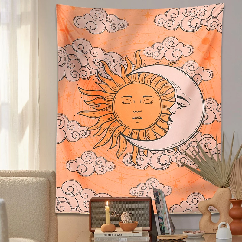 Celestial Sun Moon Tapestry Wall Hanging Vintage 70s Decor Psychedelic Moon Goddess Retro Hippie Room Bedroom Decor Print Mural