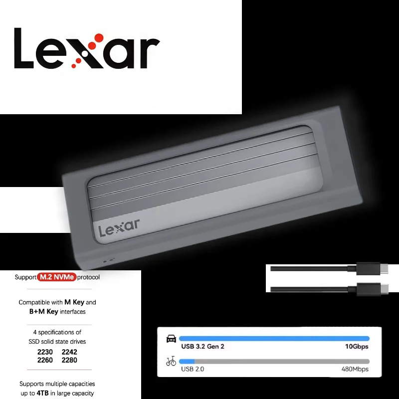 

Original Lexar E300 M.2 SSD Enclosure USB 3.2 Gen 2 Type C Mobile External Hard Disk Case for 2230 / 2242 / 2260 / 2280 NVMe SSD