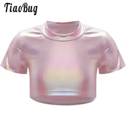 Kids Girls Shiny Jazz Street Dance Crop Tops Metallic Short Sleeve Round Neck T-shirts Modern Hip Hop Dancing Costume for 2Y-16Y