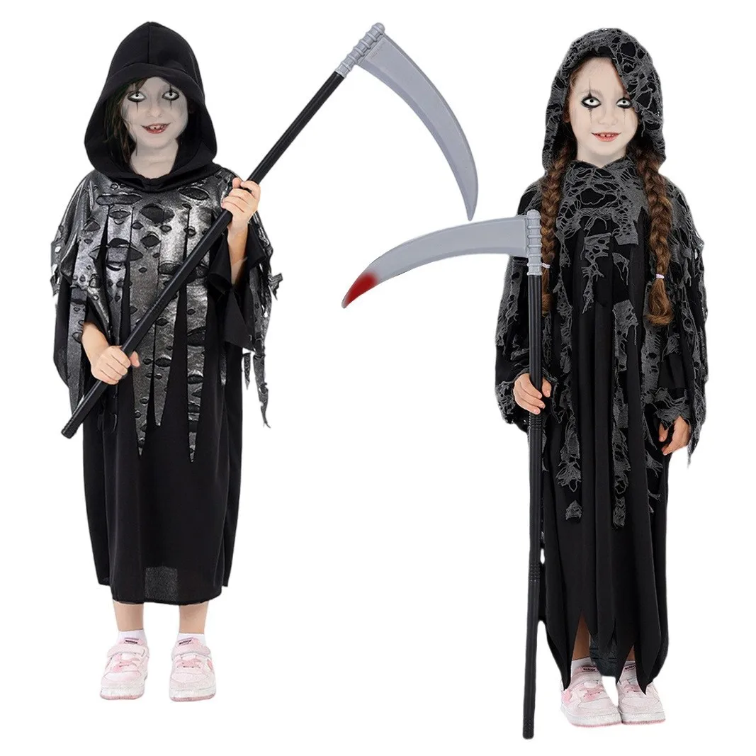 Nuevo disfraz de bufón de calavera de Halloween para niños disfraz de actuación de Dios de la muerte disfraz de fantasma de guadaña aterradora