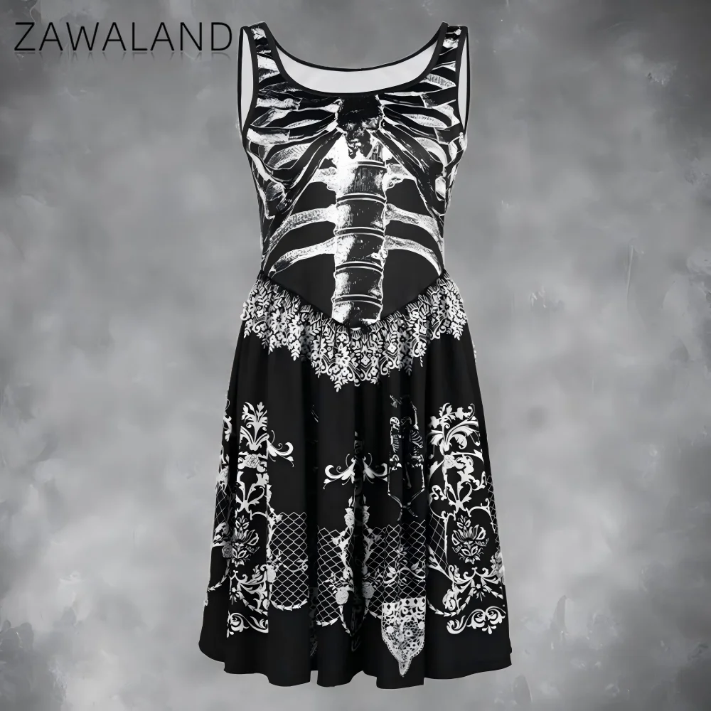 

Halloween Skeleton Cosplay Dresses Woman Sleeveless 3D Printing Dress Party Performance Gothic Costume Carnival Festival Outfits