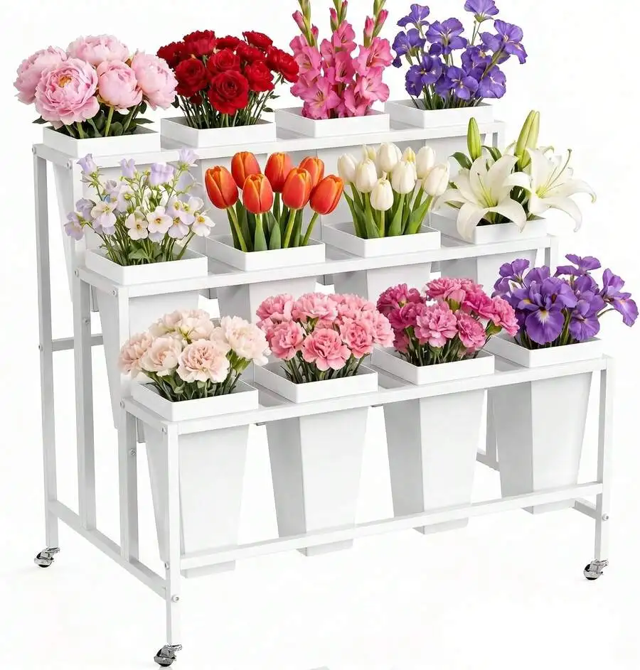 Flower Display Stand With Buckets, 3 Tier Metal Bloom Bar Cart On Wheels With 12 Square Flower Buckets, Stepped Plant Cart For P