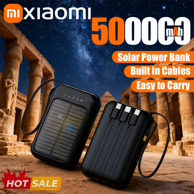 Xiaomi-banco de energĂa Solar de Ultra capacidad, 50000mAh, Cables integrados, cargador Solar, 2 puertos USB, cargador externo con luz LED